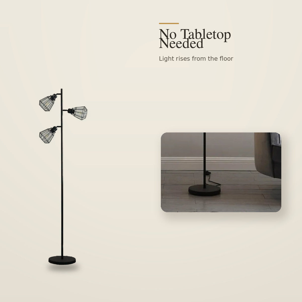Freestanding cage floor lamp with round base and floor-level cord detail