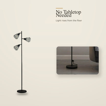 Freestanding cage floor lamp with round base and floor-level cord detail