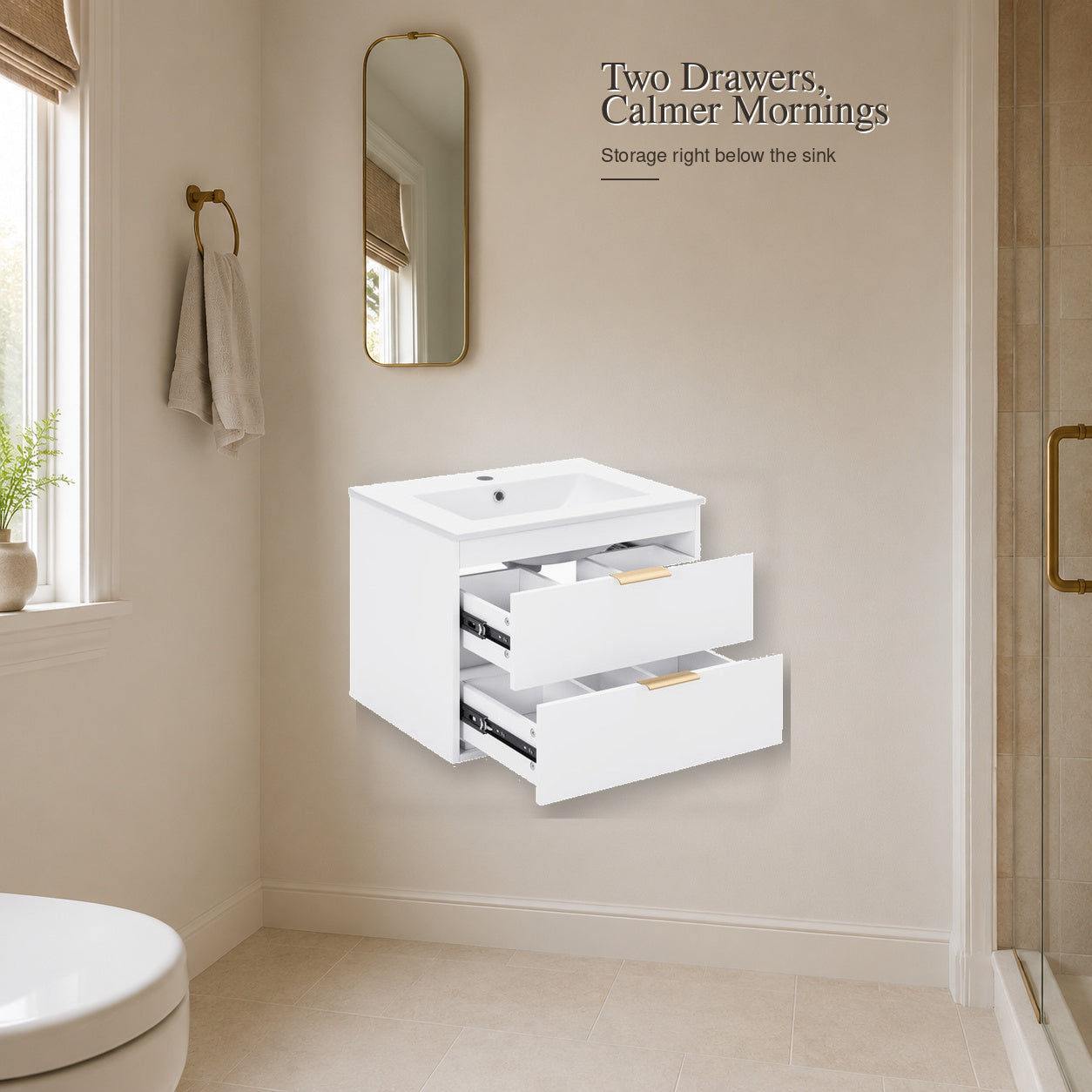 White floating bathroom vanity with open drawer storage view