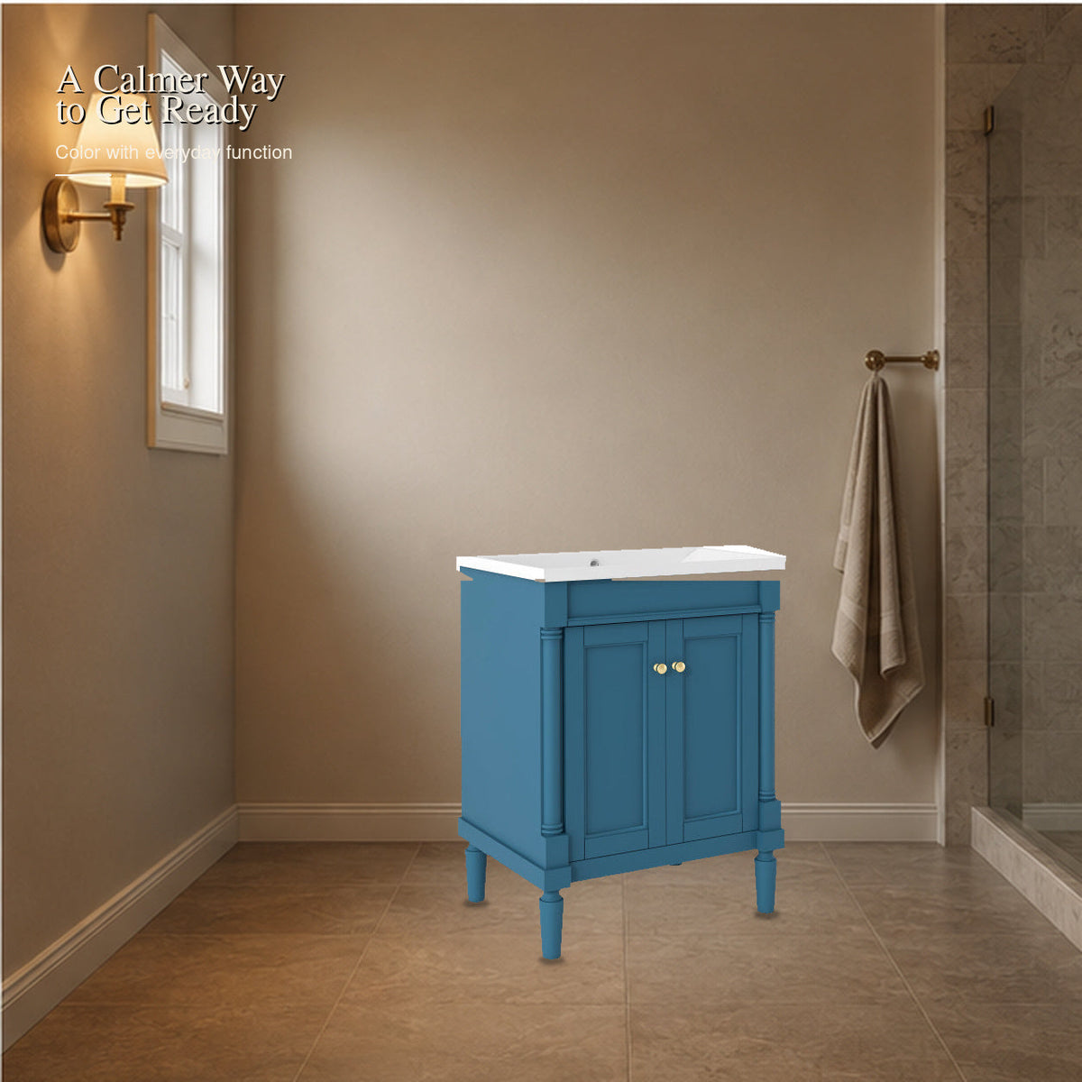 Blue bathroom vanity in a calm warm evening bathroom