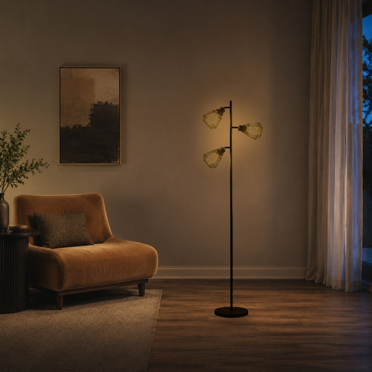Three-light farmhouse floor lamp creating warm evening ambience