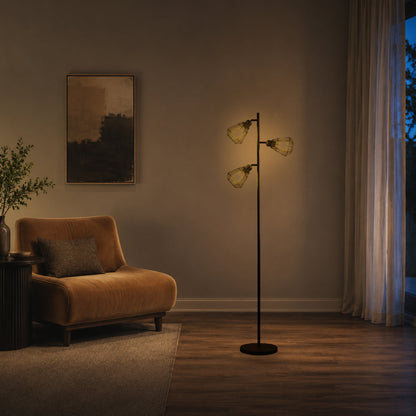 Three-light farmhouse floor lamp creating warm evening ambience