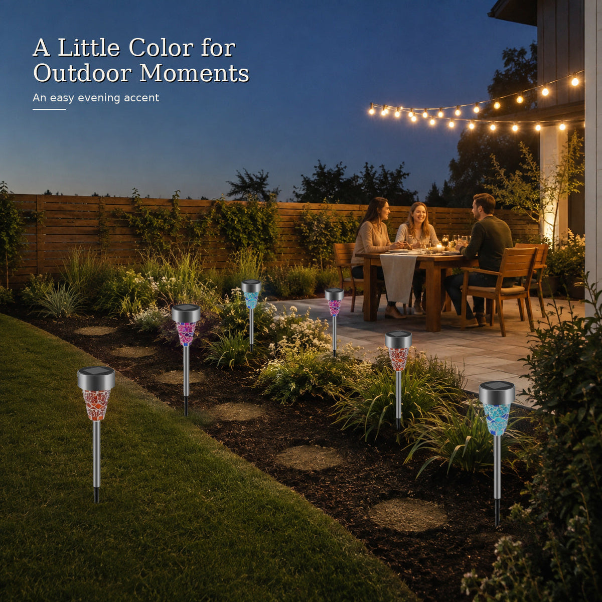 Colorful solar stake lights adding ambience to an outdoor evening