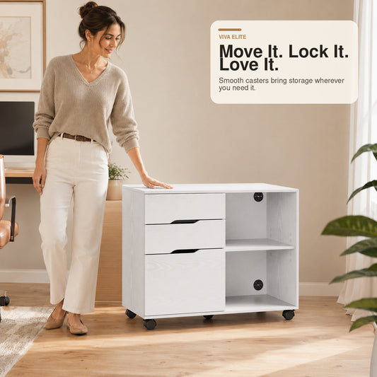 Viva Elite 3-Drawer Mobile File Cabinet – Rolling Printer Stand, 150 lb Capacity, Lockable Casters