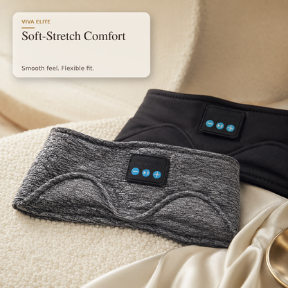 Two soft-stretch neck warmers shown on draped fabric: one heather gray in front with a black control panel, and one black in back with a matching control panel. Text in the upper left reads 'VIVA ELITE Soft-Stretch Comfort' with 'Smooth feel.