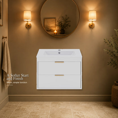 White wall-mounted vanity in a warm evening bathroom