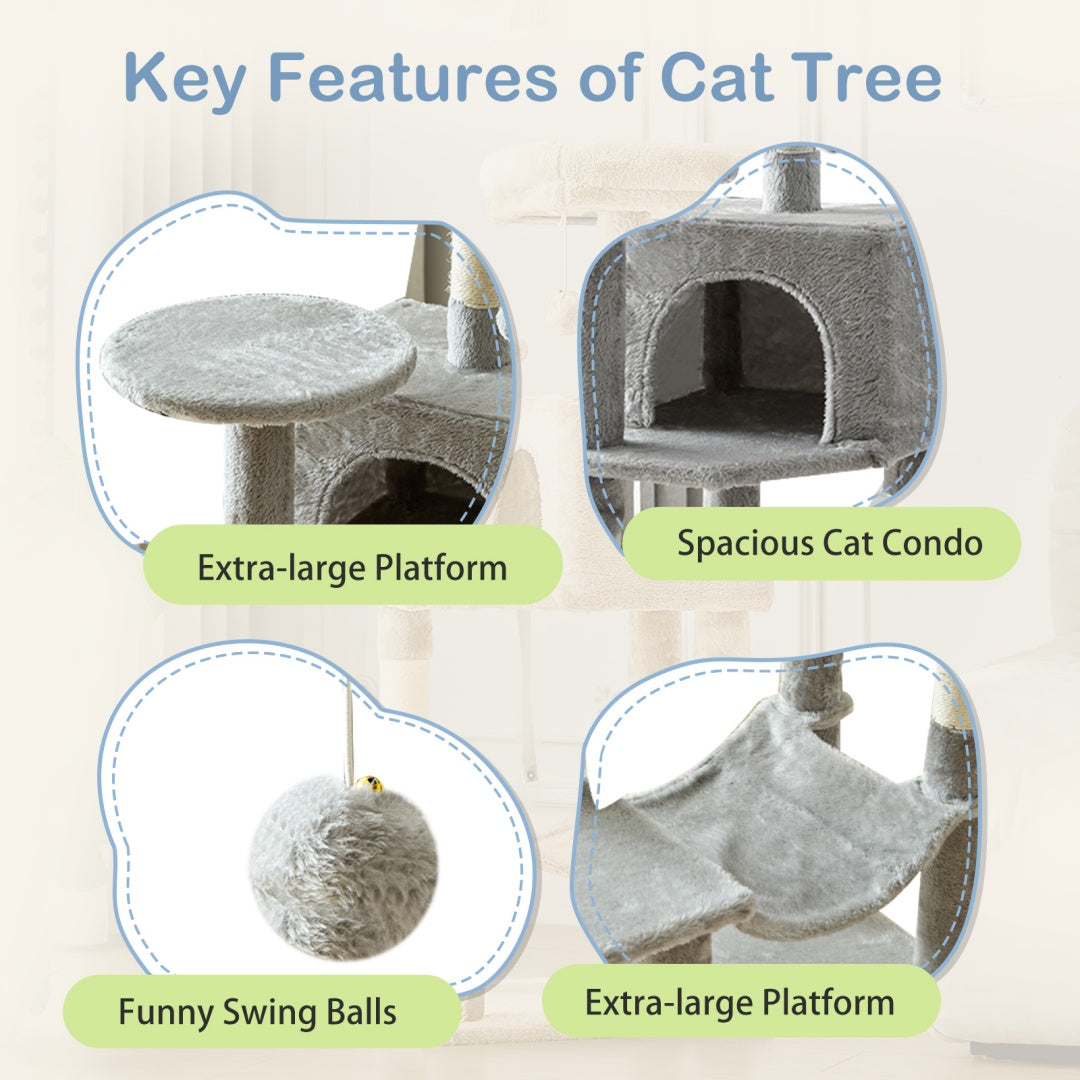 44-Inch Multi-Cat Tree Tower with Sisal Scratching Posts, Hammock & Extended Platforms
