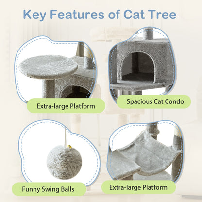 44-Inch Multi-Cat Tree Tower with Sisal Scratching Posts, Hammock & Extended Platforms