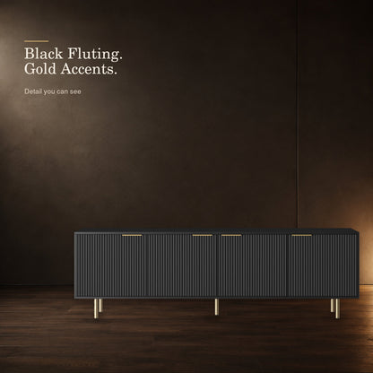 Black fluted TV stand with refined gold-tone handles and legs