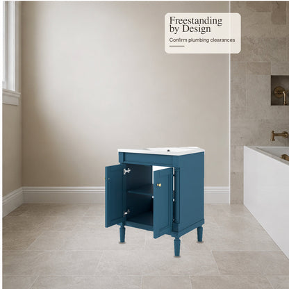 Freestanding blue bathroom vanity with open cabinet doors and visible floor contact
