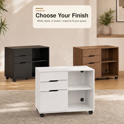 3-Drawer Mobile File Cabinet with Open Shelf & Locking Casters | Viva Elite
