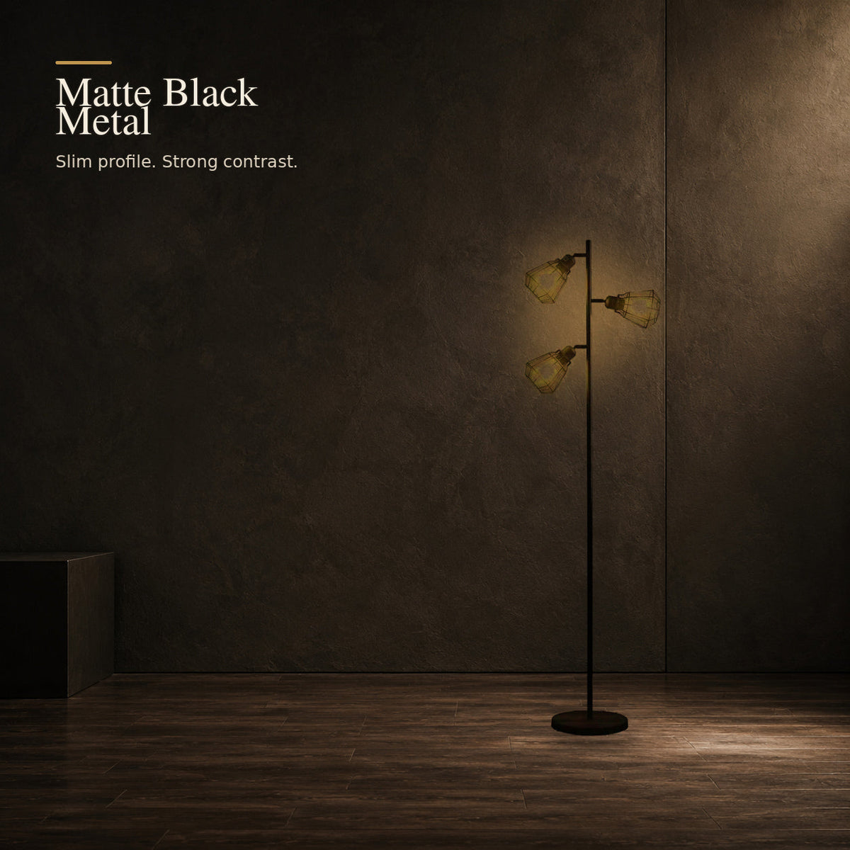 Matte black metal three-light cage floor lamp construction