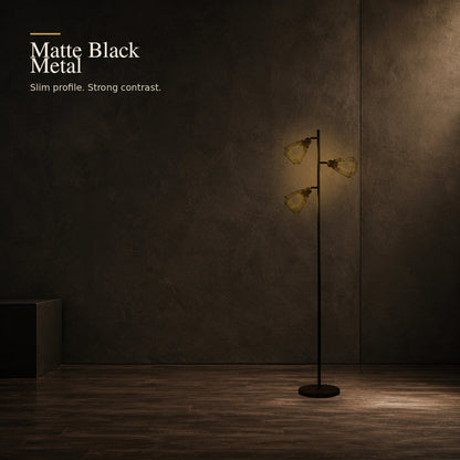Matte black metal three-light cage floor lamp construction