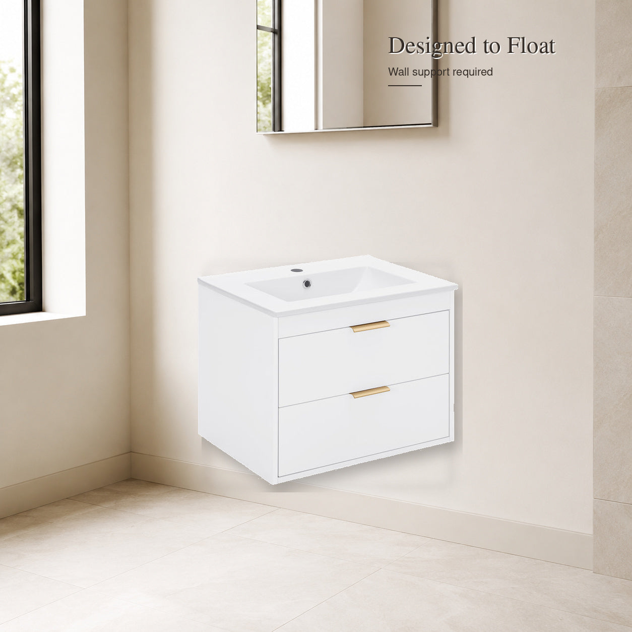 Wall-mounted white vanity showing floating installation and floor clearance