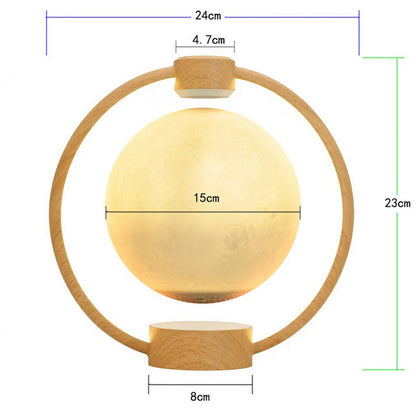 A levitating blue moon lamp with a 3D printed surface, surrounded by a circular LED light, mounted on a wooden base 2