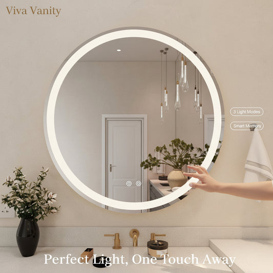 Circular mirrors of different sizes with dimensions indicated on a neutral background.