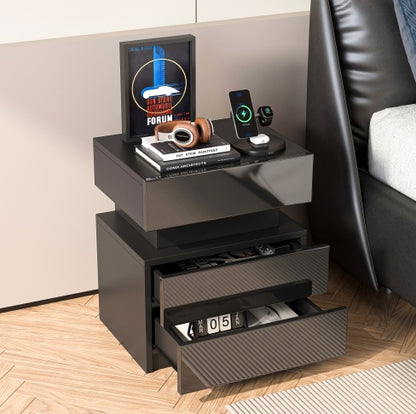 modern black nightstand with listed integrated lighting