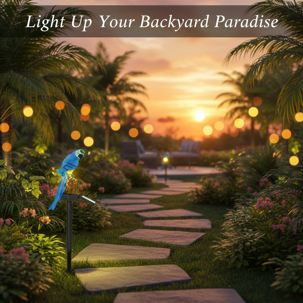 Two solar-powered parrot decorations on stakes with a white background