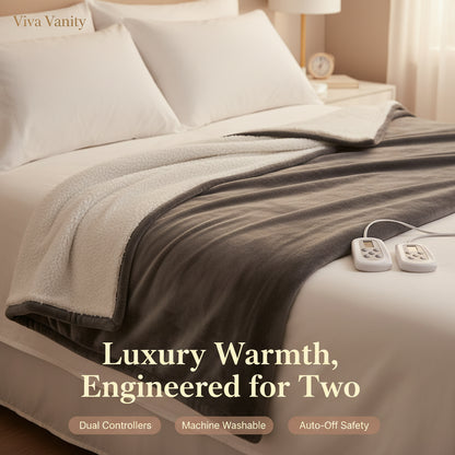 Gray electric blanket with two remote controls on a white background