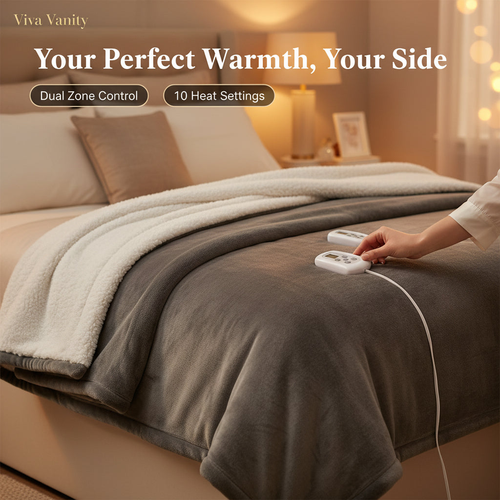 Gray electric blanket with two remote controls on a white background