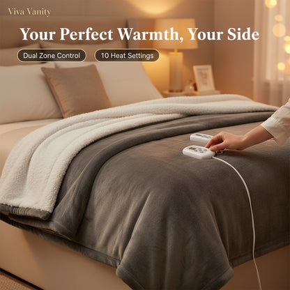 Gray electric blanket with two remote controls on a white background