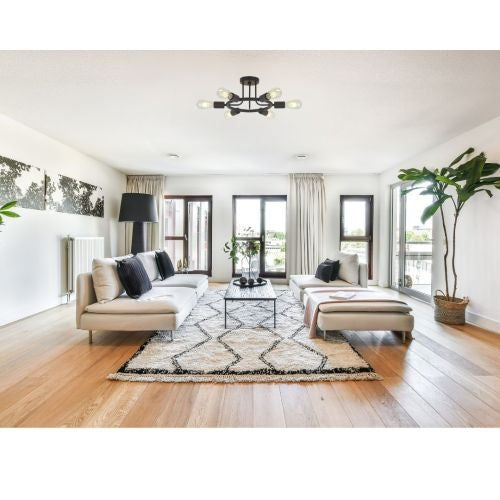Modern 6-Light Sputnik Chandelier – Semi-Recessed Black Ceiling Light for Dining Room, Living Room & Entryway