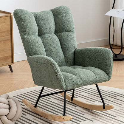 Green Teddy Fabric Wingback Rocking Chair with Side Pocket | Viva