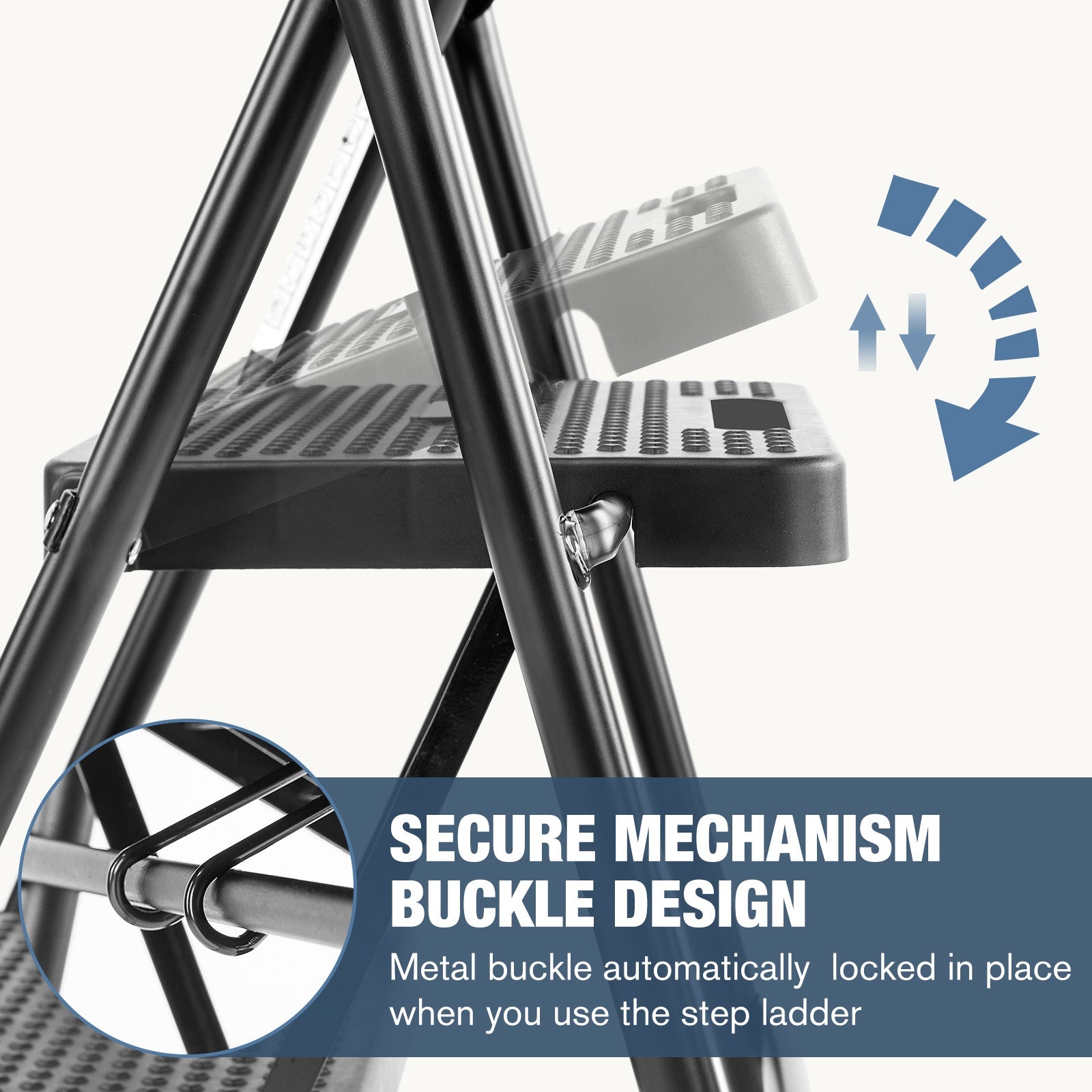 Step ladder with metal buckle design labeled on a white background