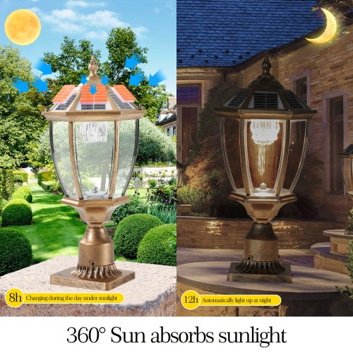 Vintage Gold Solar Pillar Headlights with Dimmable LEDs (2-Pack) – Elegant Outdoor Illumination