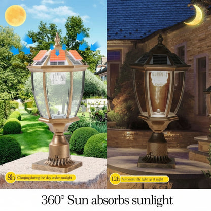 Solar-powered outdoor lamp with 360-degree sun absorption feature, shown in garden and house setting.