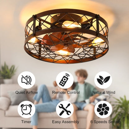 Viva Elite Farmhouse Cage Ceiling Fan with Light - 20" Black Semi-Flush with Remote
