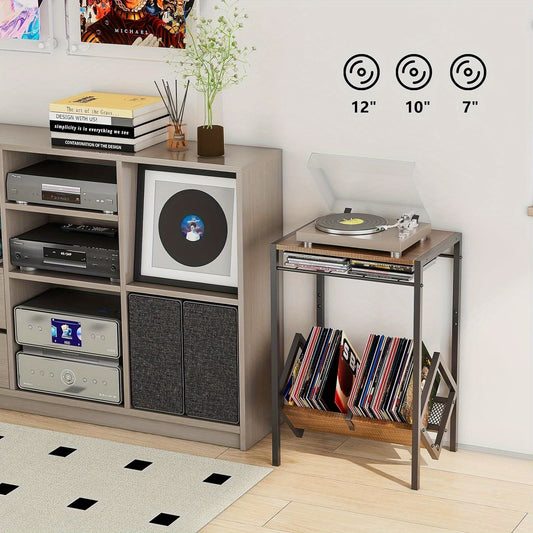 A two-tier record player stand made of wood and metal, with the top tier holding a record player and the bottom tier storing CD and DVD albums. The image also includes symbols indicating the record player stand's compatibility with different record sizes.