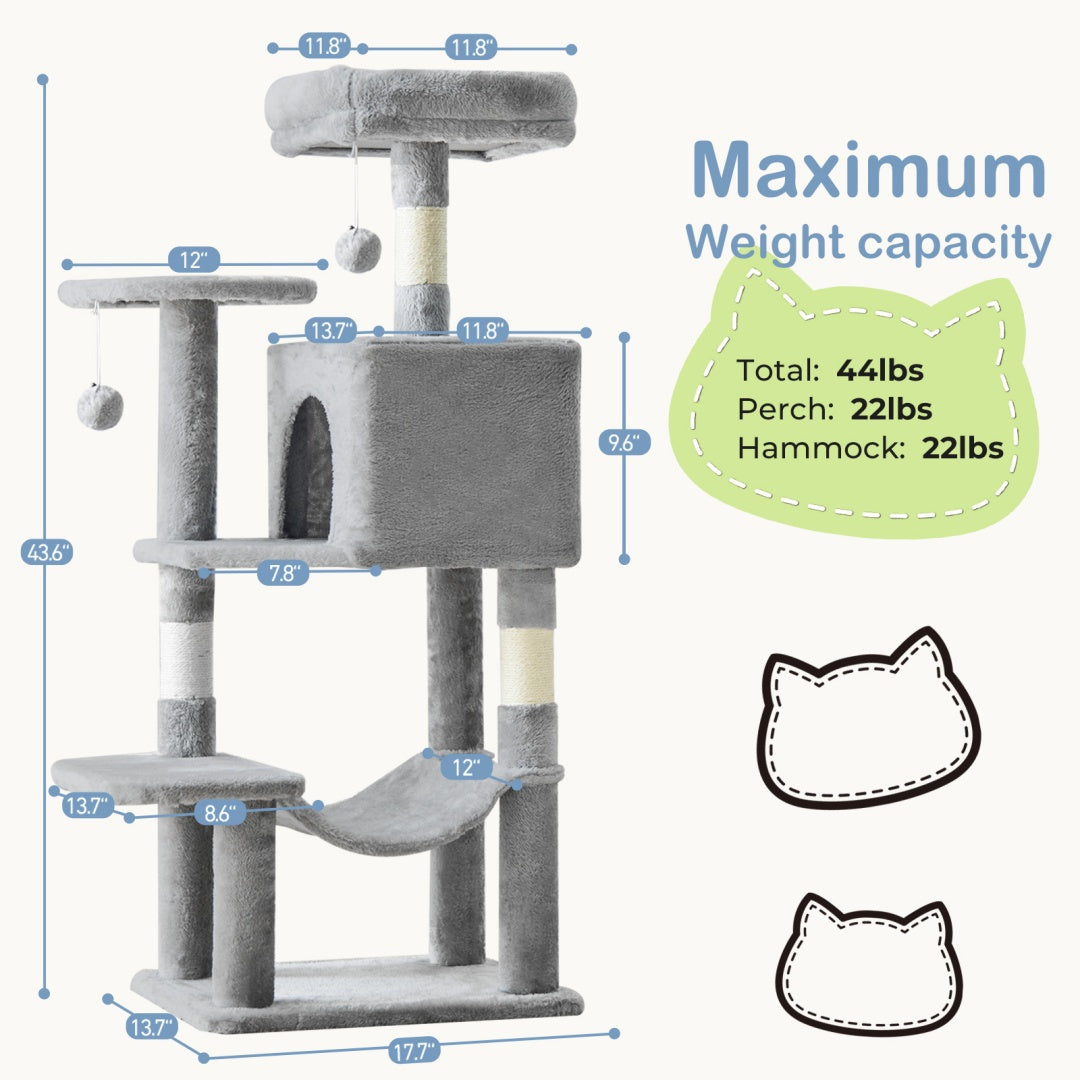 44-Inch Multi-Cat Tree Tower with Sisal Scratching Posts, Hammock & Extended Platforms