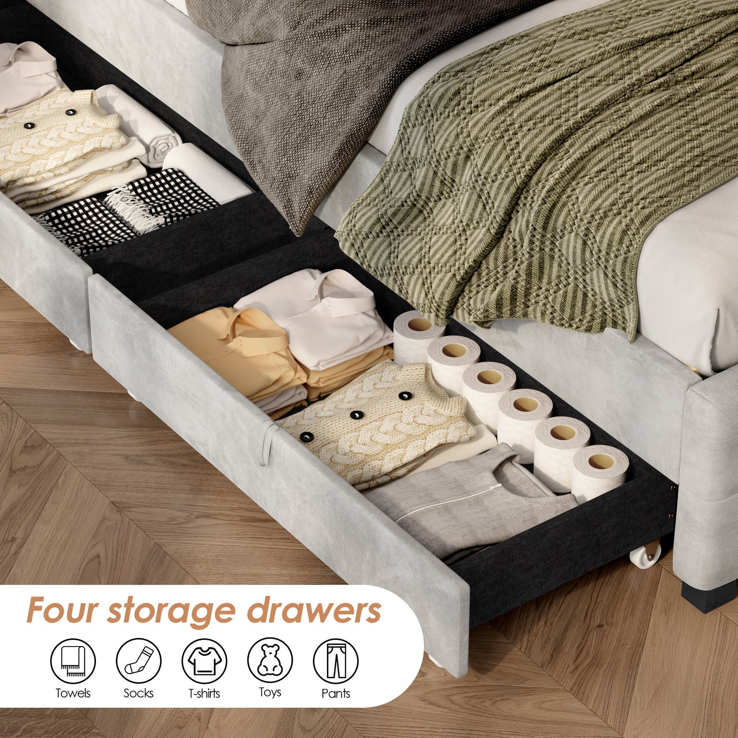 Upholstered Platform Storage Bed Frame With 4 Drawers And LED Light,No Box Spring Needed