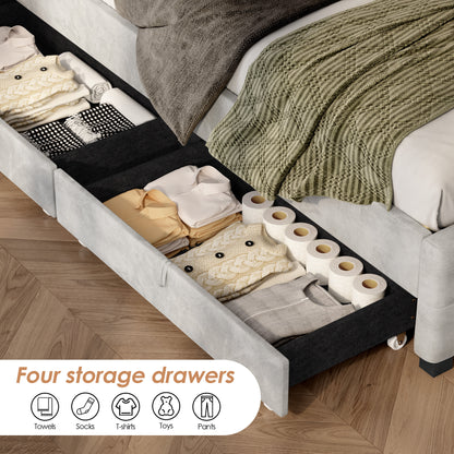 Upholstered Platform Storage Bed Frame With 4 Drawers And LED Light,No Box Spring Needed