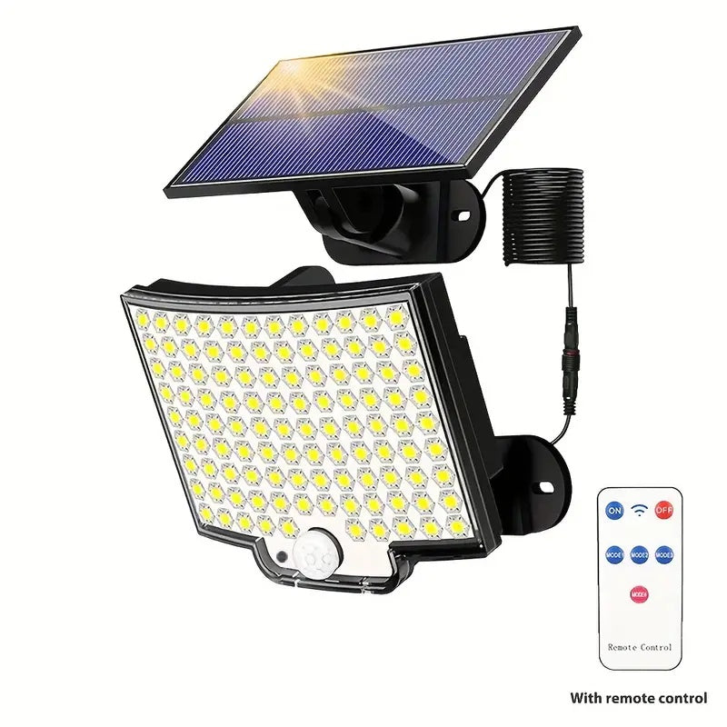 Solar-powered outdoor light with remote control on a white background