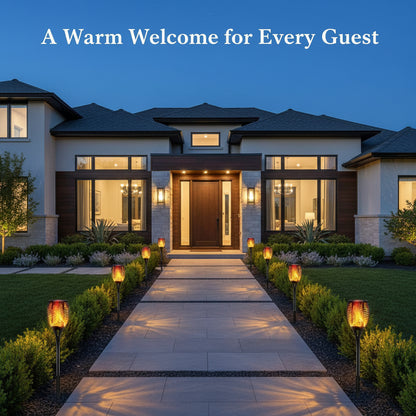 Solar garden light with flame-like design on a white background