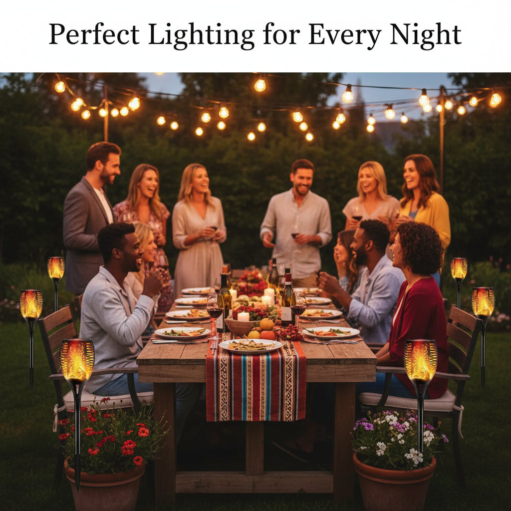 Solar garden light with flame-like design on a white background