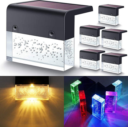 Solar-powered LED light with colorful lighting effects on a white background