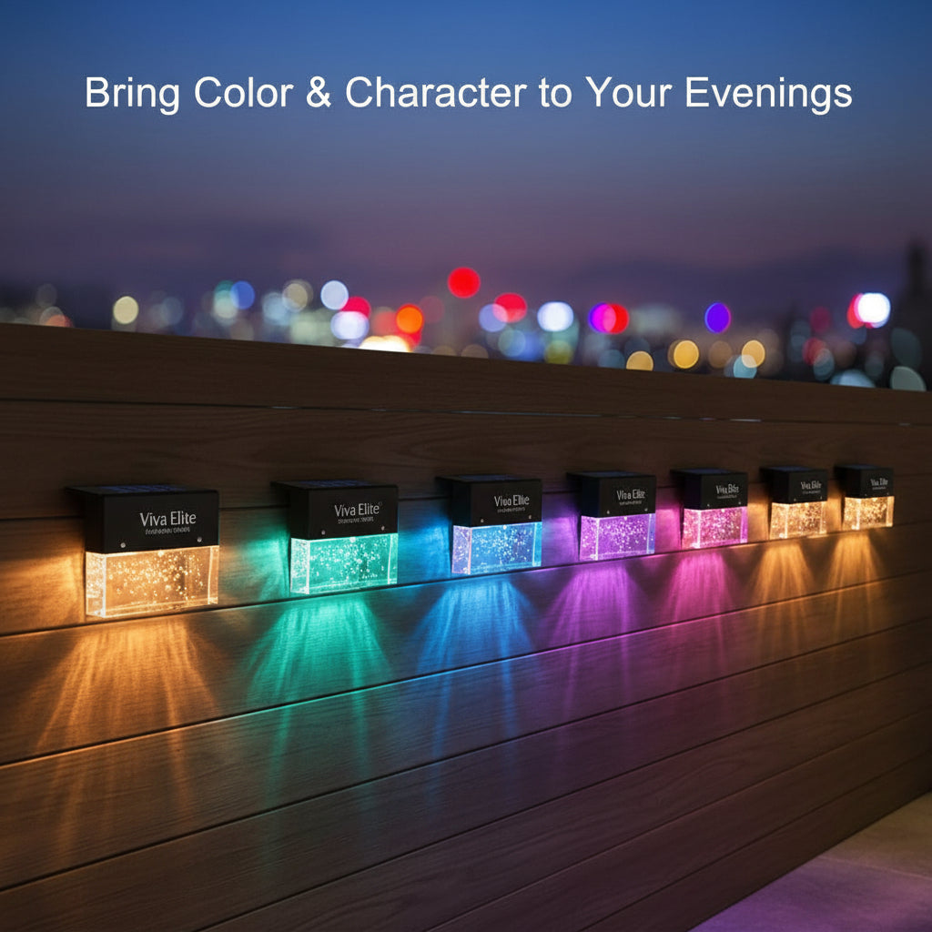 Solar step lights emitting colorful light on a stone surface with a blurred cityscape background.
