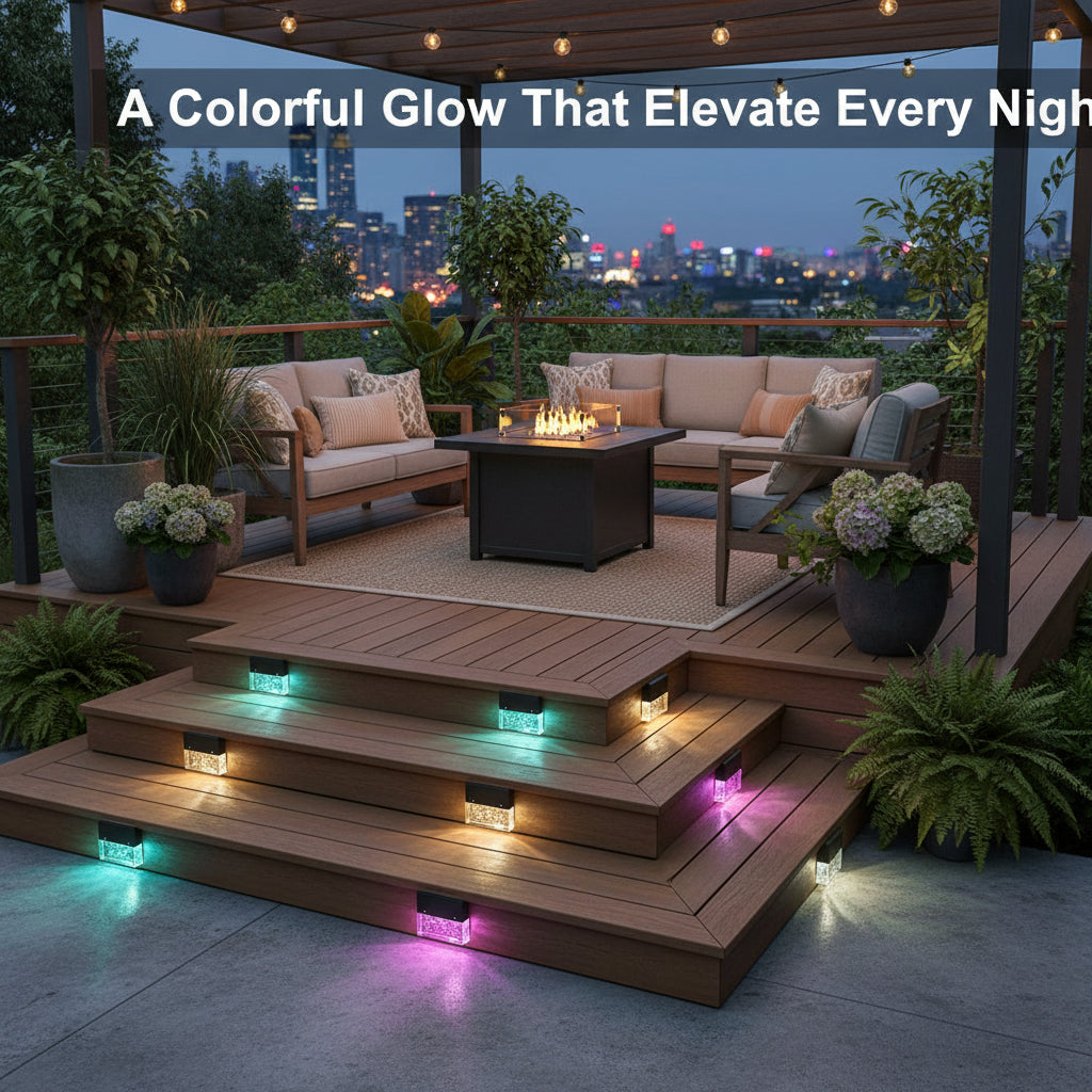Solar step lights emitting colorful light on a stone surface with a blurred cityscape background.