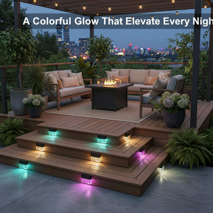 Solar step lights emitting colorful light on a stone surface with a blurred cityscape background.