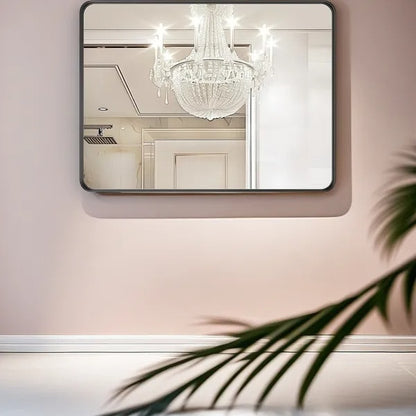 large 40-inch x 30-inch black bathroom mirror is stylishly simple styled in powder rooms