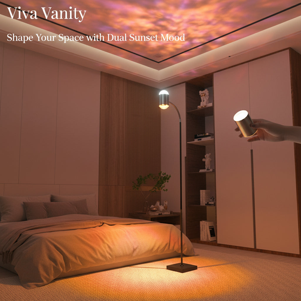 Modern room with a standing lamp casting colorful light on the floor