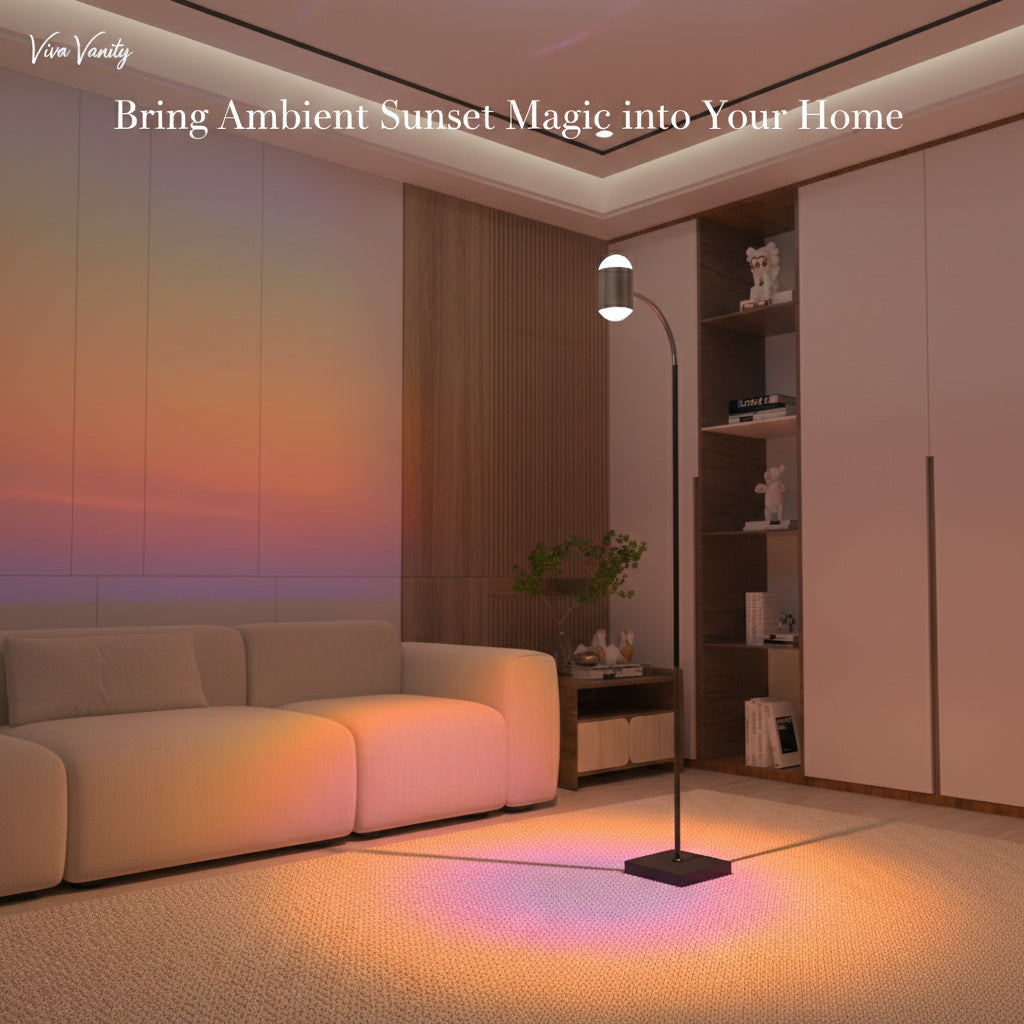 Living room with a floor lamp casting a warm glow, featuring 'Vivir Vanity' branding.