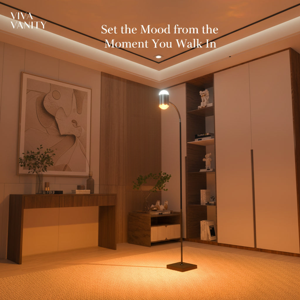 Modern room with a standing lamp casting colorful light on the floor