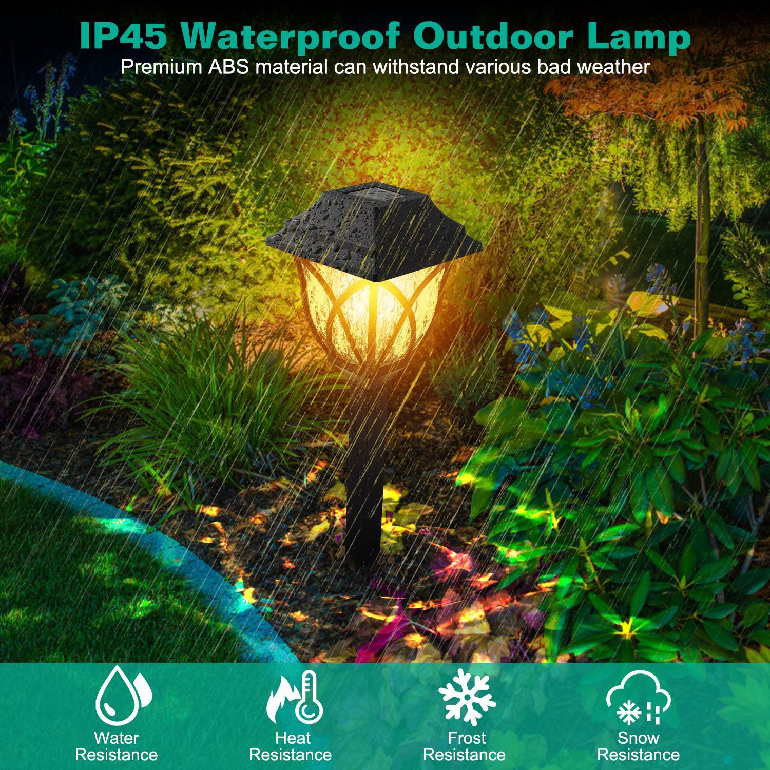 Waterproof outdoor lamp in a garden with rain, featuring text about its material and weather resistance.