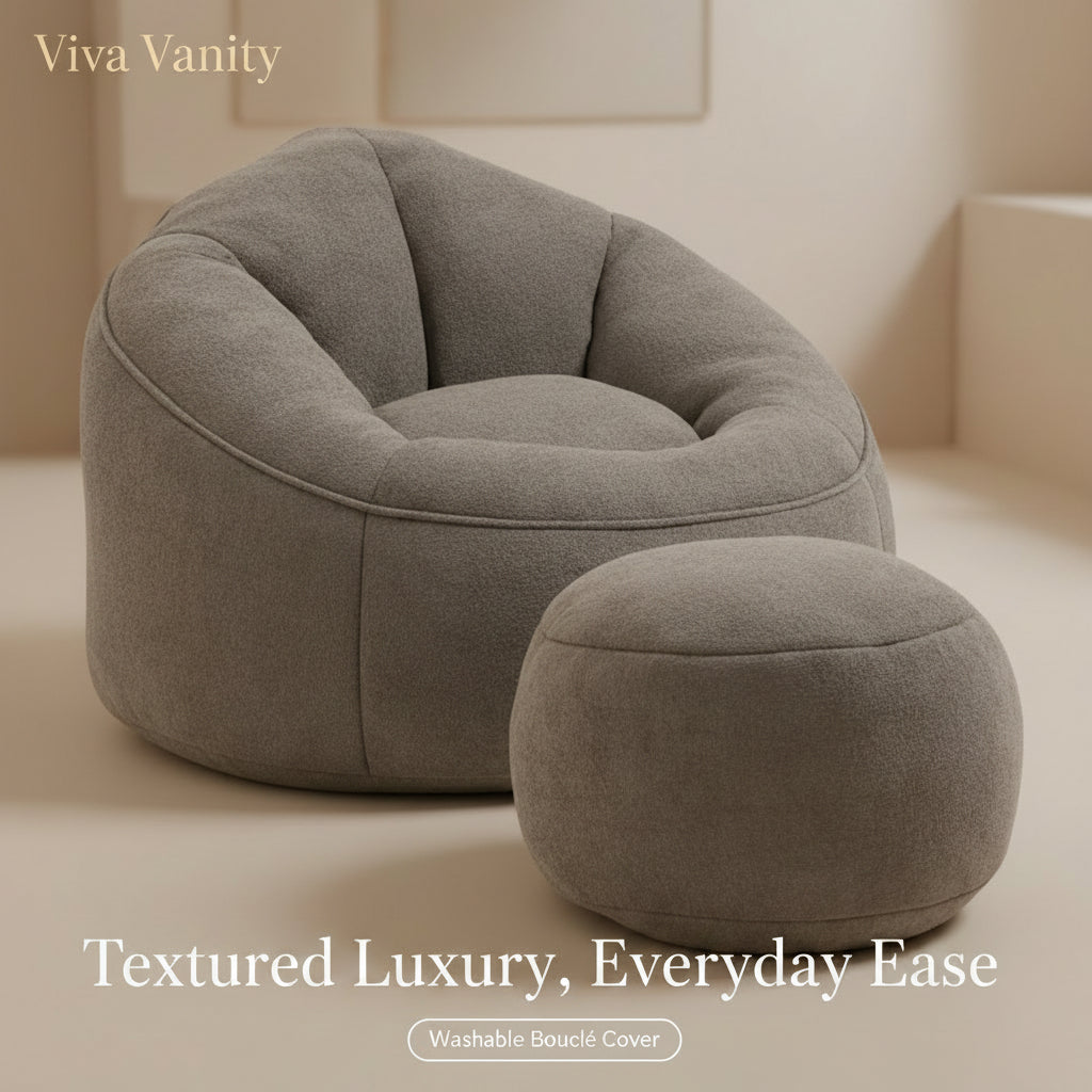 Gray bean bag chair with measurements on a white background