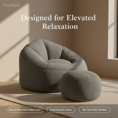 Gray bean bag chair with measurements on a white background