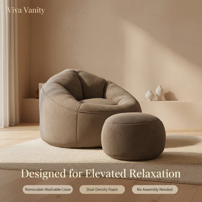 Gray bean bag chair with ottoman in a neutral room setting
